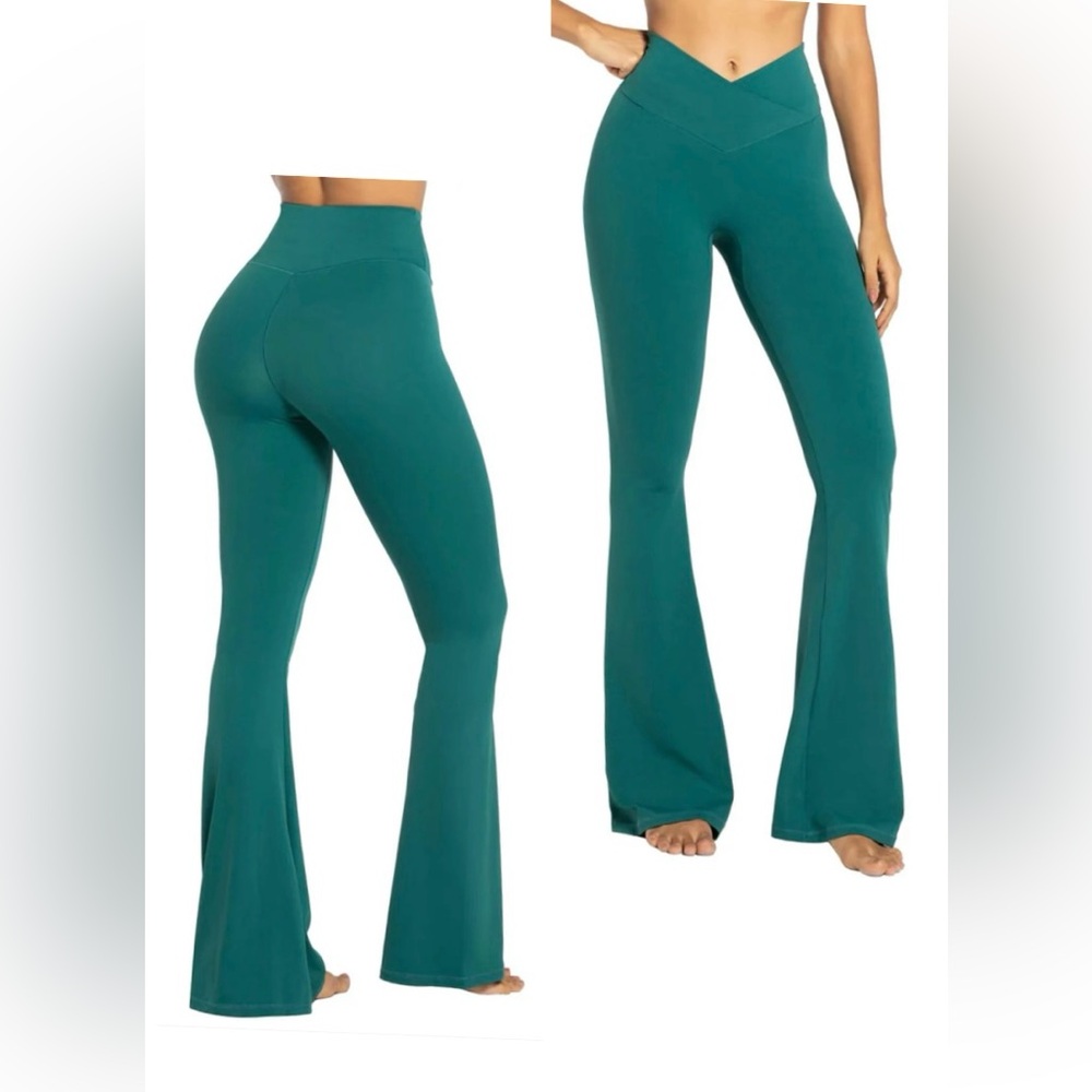 Sunzel Cross-Over Waist Flare Leggings, size Large, green